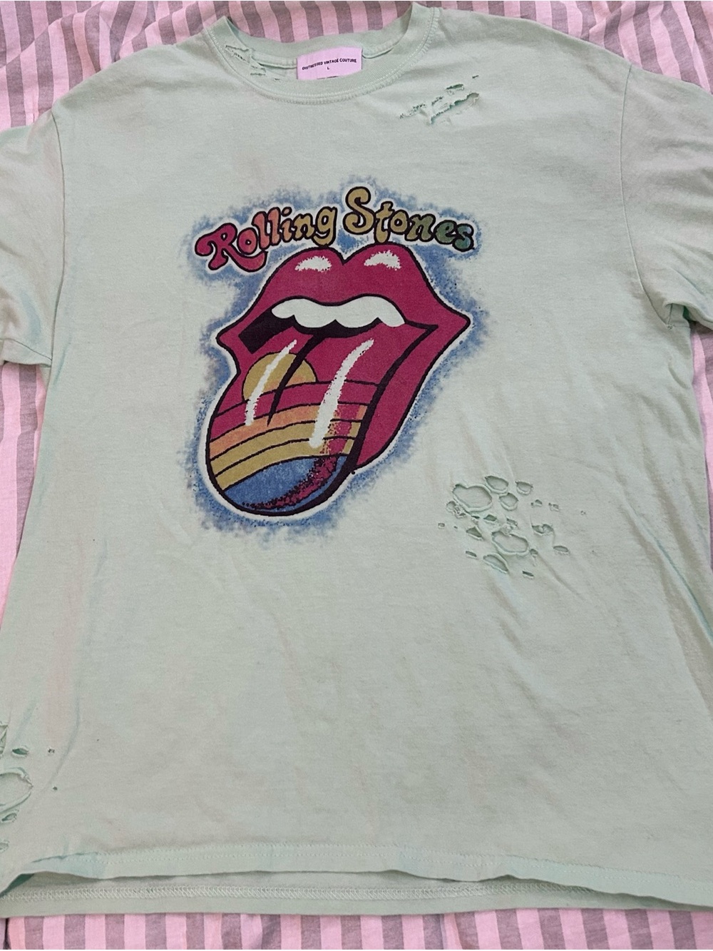the Rolling Stones Mint Green Tee with Rainbow Tongue Graphic - Womens